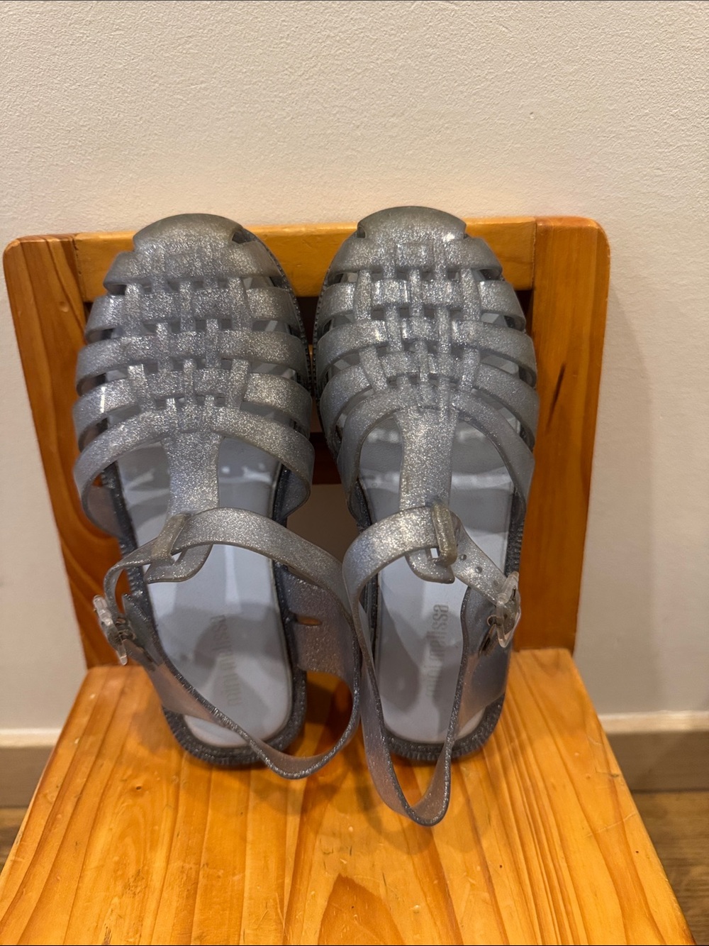 Mini Melissa Girls Glitter Silver Jelly Sandals with Buckle Strap